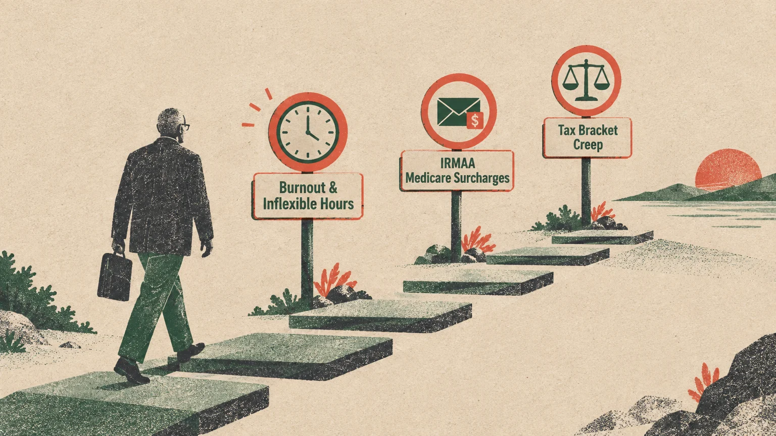 Illustration of a businessman walking up stone steps past signs labeled with career and retirement pitfalls.
