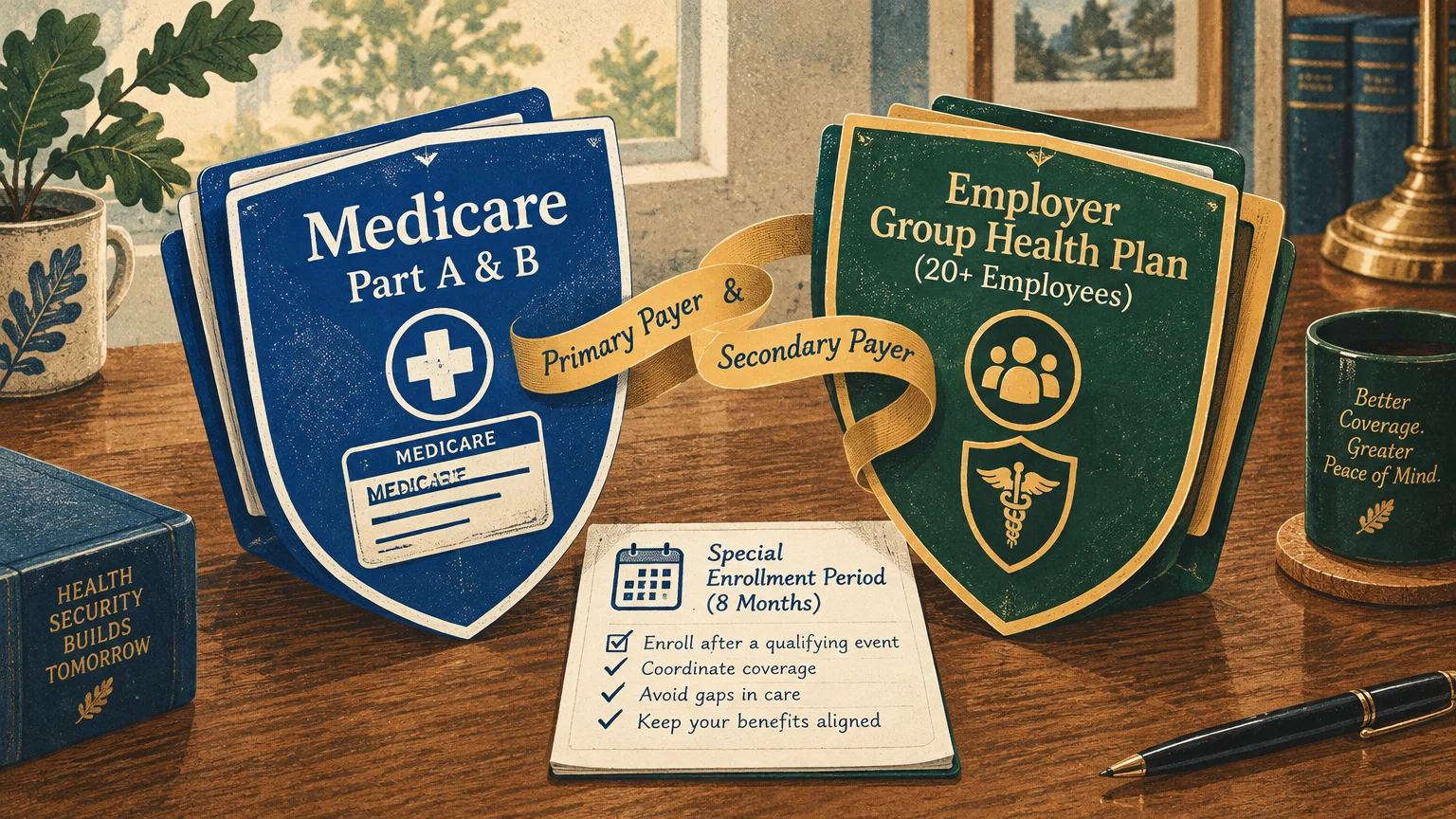 Desk display featuring blue Medicare and green employer plan shields connected by a ribbon, alongside an enrollment notepad.