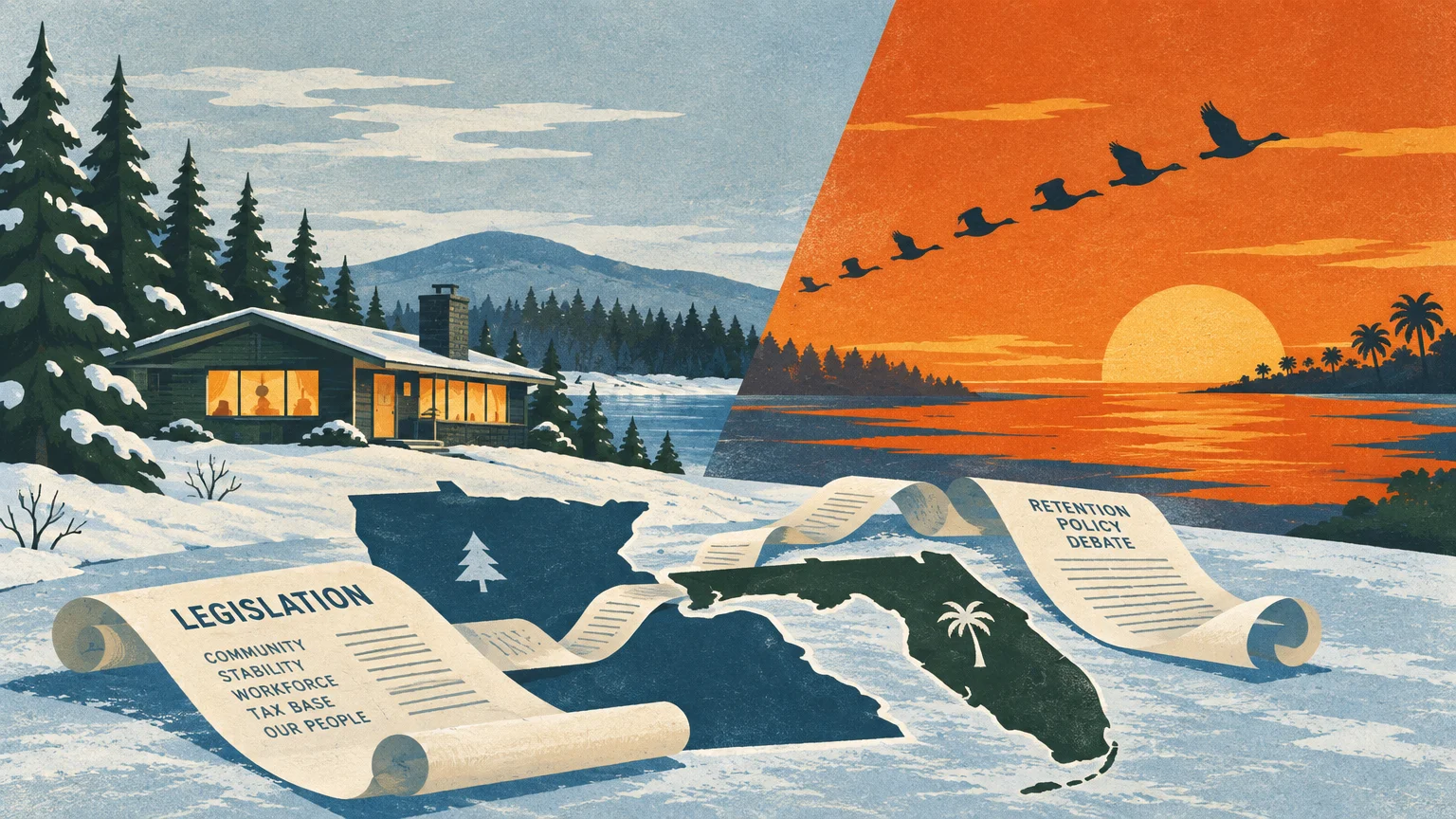 Split illustration contrasting a snowy Minnesota cabin with a warm Florida sunset, connected by legislative scrolls.