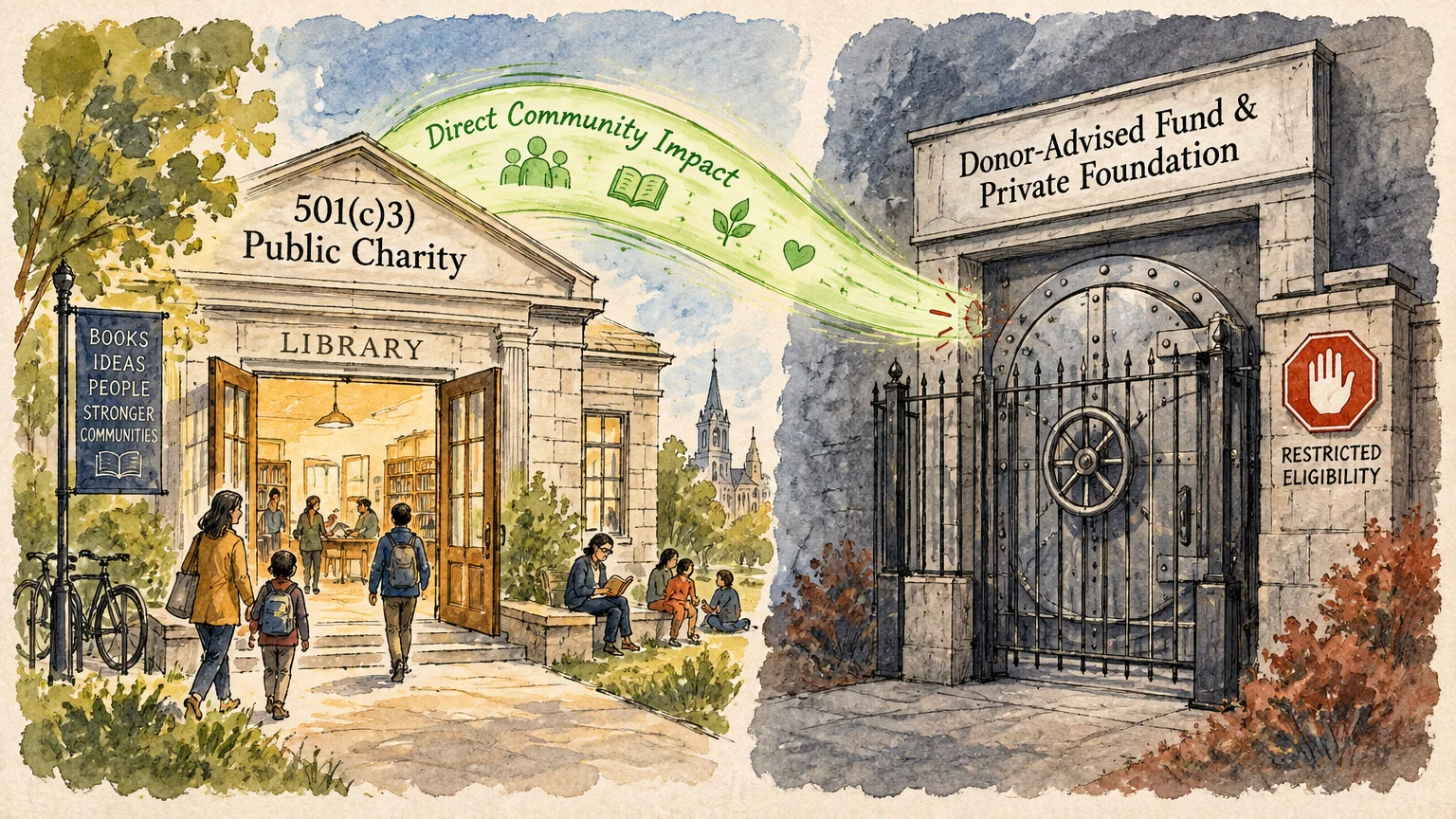 Split illustration contrasting an open public charity library with a locked stone vault labeled for donor-advised funds.