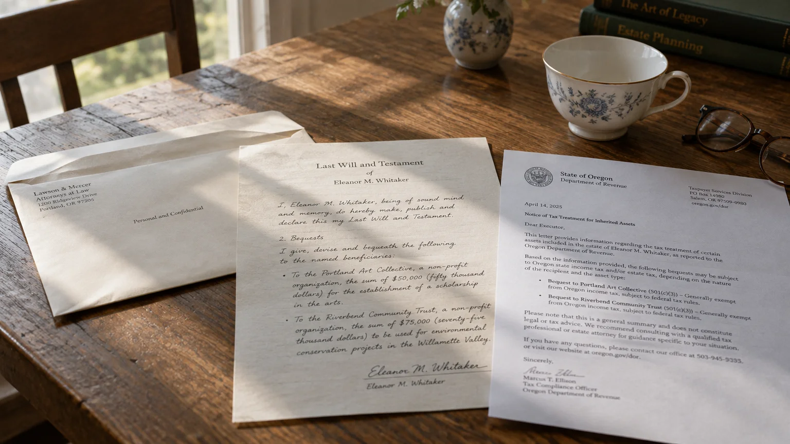 Last Will and Testament document, envelope, official state revenue letter, teacup, and eyeglasses on a wooden table.