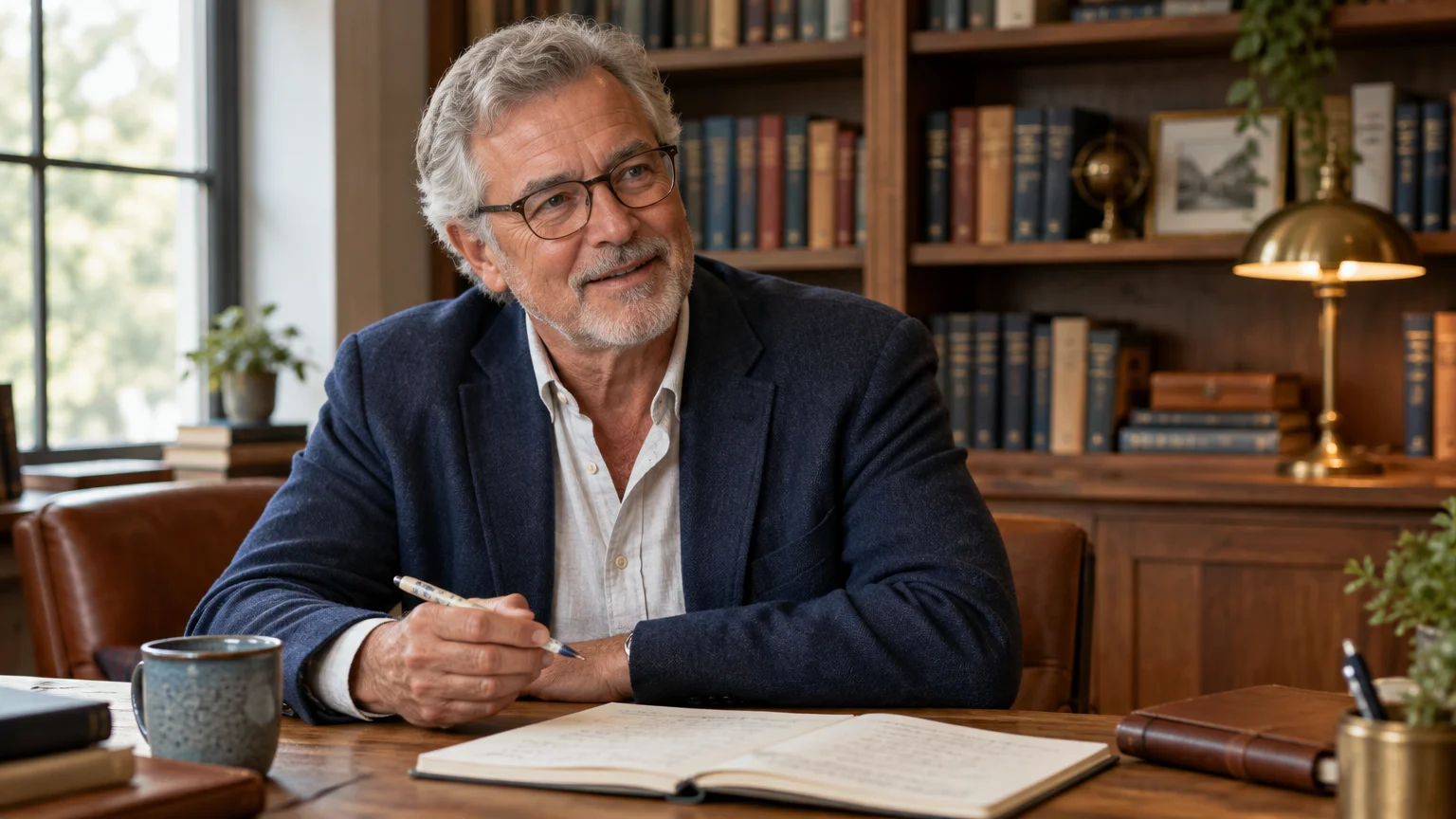 Smiling senior man with glasses and beard holding a pen over a notebook at a wooden desk in a library.