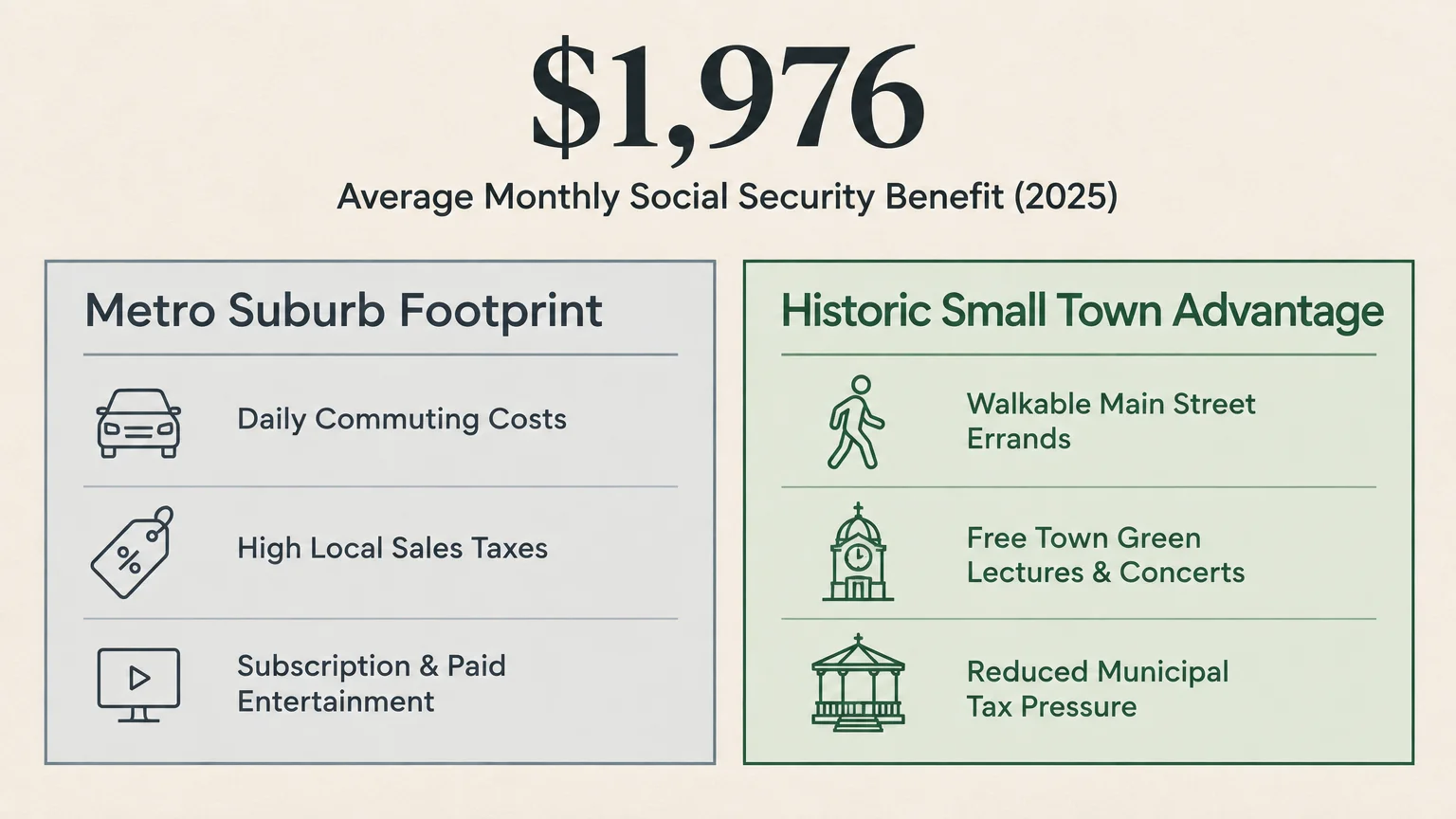 Infographic comparing metro suburb expenses with historic small town savings below a $1,976 monthly Social Security benefit.