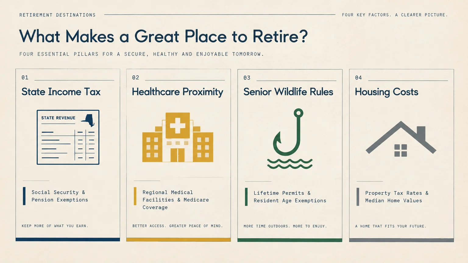 Diagram outlining four pillars for retirement: State Income Tax, Healthcare Proximity, Senior Wildlife Rules, and Housing Costs.