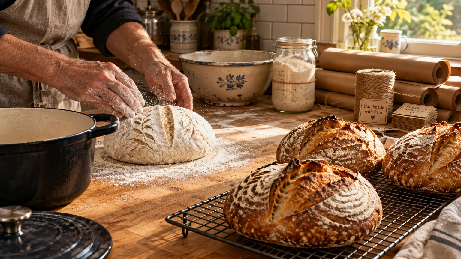 A baker flours a scored sourdough loaf on a wooden counter beside cooling baked boules, packaging twine, and a Dutch oven.