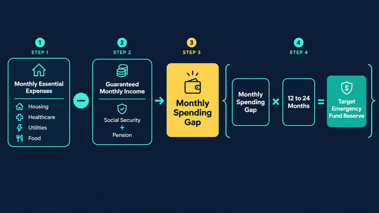 Flowchart showing four steps to calculate a target emergency fund reserve from monthly expenses and guaranteed income.