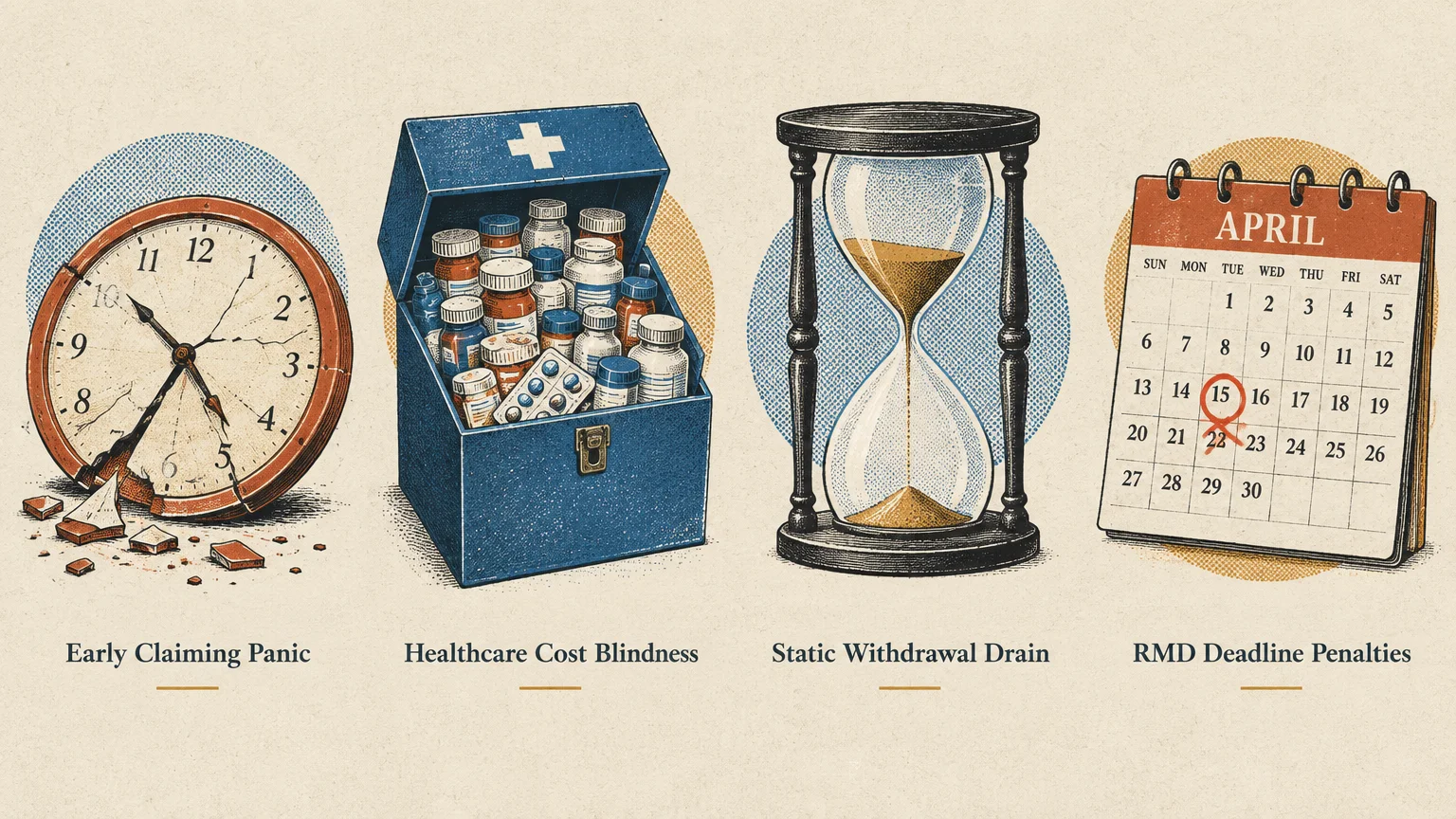 Four retro illustrations: a broken clock, a medical box filled with pill bottles, an hourglass, and an April calendar.