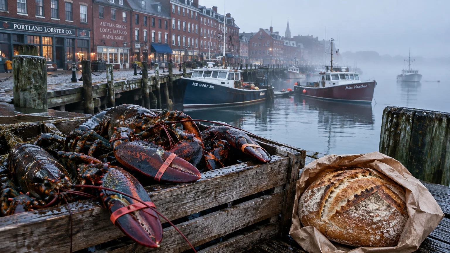 Fresh lobsters in a wooden crate beside a loaf of sourdough bread on a foggy harbor dock with boats.