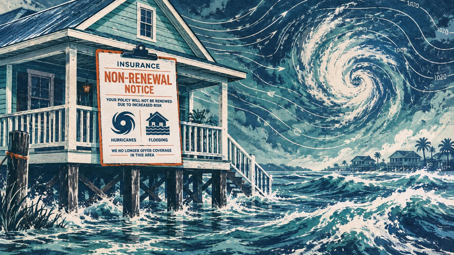 Stilt house in rough seas under a swirling hurricane, with an insurance non-renewal notice posted on the porch rail.