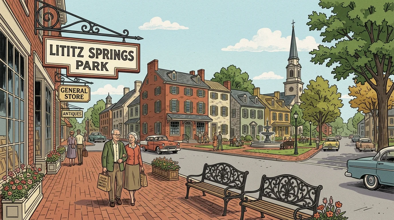 Illustration of an elderly couple walking along a brick sidewalk in a charming town with historic buildings and vintage cars.