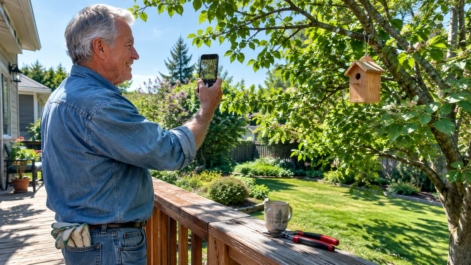 Smiling senior man on a wooden deck holding up a smartphone to photograph a wooden birdhouse in a tree.