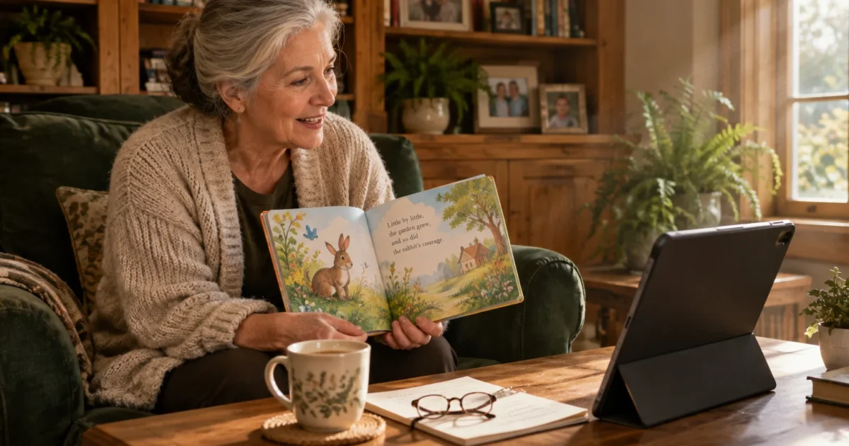 A smiling woman sits in an armchair holding open an illustrated children's book toward a tablet on a wooden table.