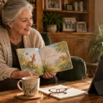 A smiling woman sits in an armchair holding open an illustrated children's book toward a tablet on a wooden table.