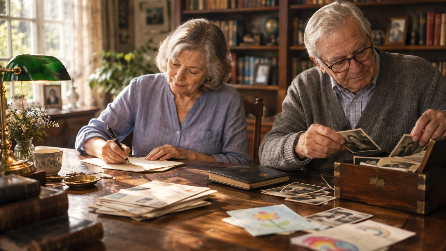 Senior couple sitting at a wooden desk; the woman writes a letter while the man looks through vintage photographs.