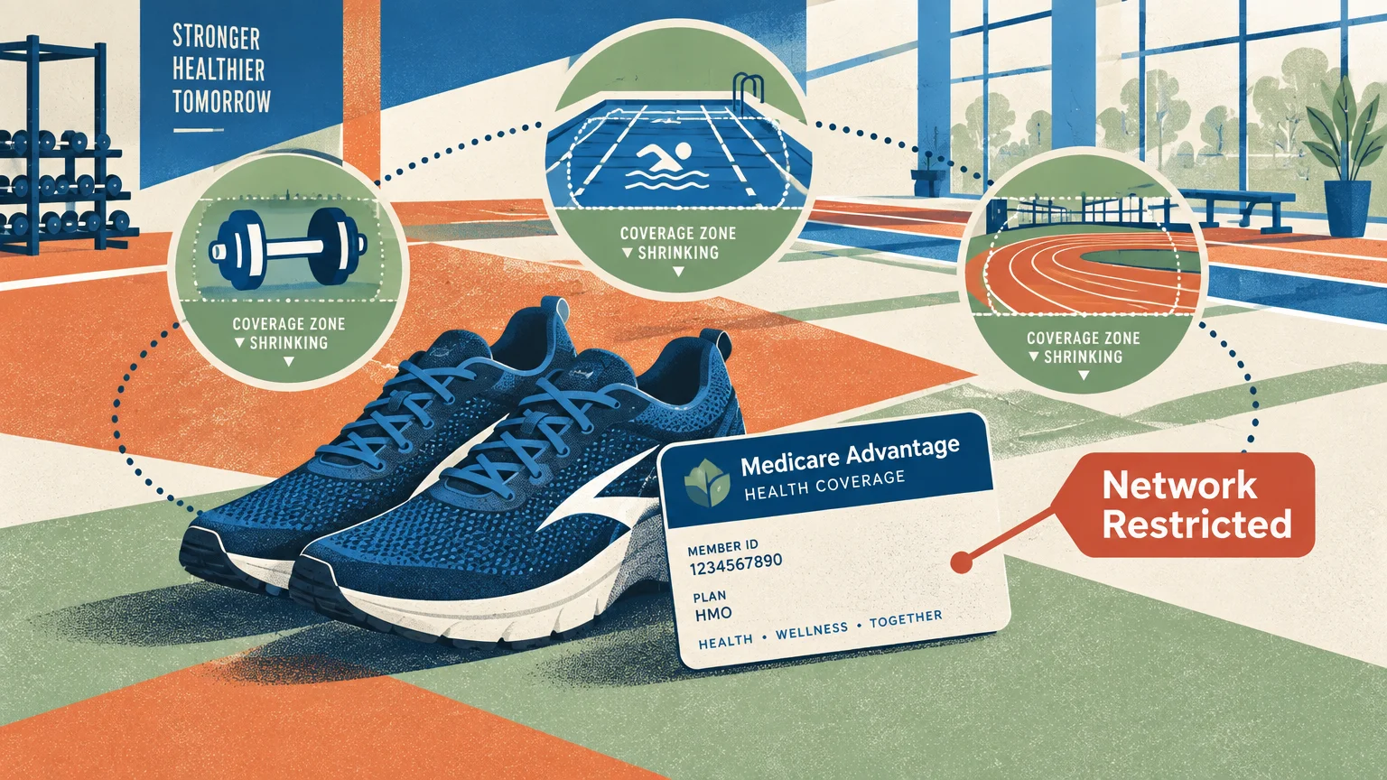 Illustration of blue running shoes beside a Medicare Advantage card labeled network restricted, with shrinking gym icons.