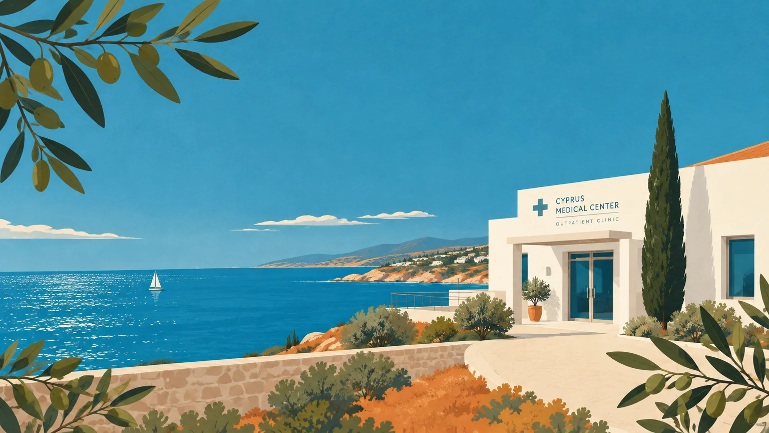 Illustration of a medical center on a coastal cliff overlooking a blue sea with a sailboat, framed by olive branches.