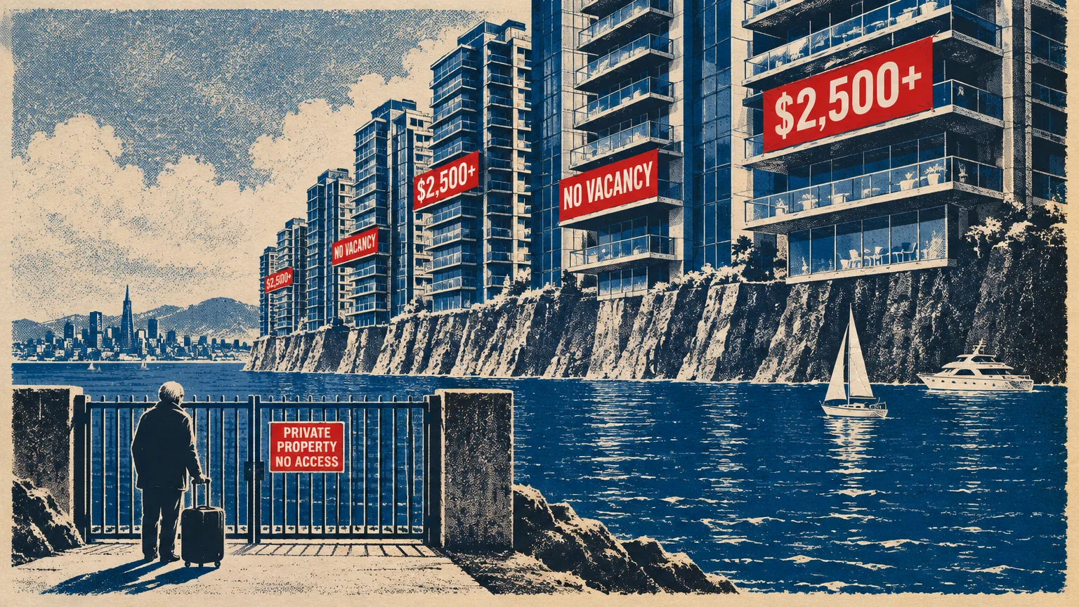 A person with luggage stands at a locked gate facing cliffside luxury apartments across water with high rent banners.