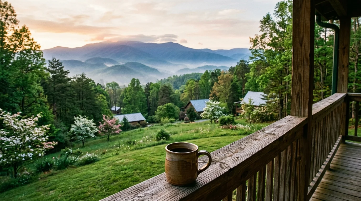 Ceramic mug on a wooden porch railing overlooking forested hills and misty mountains at sunrise.
