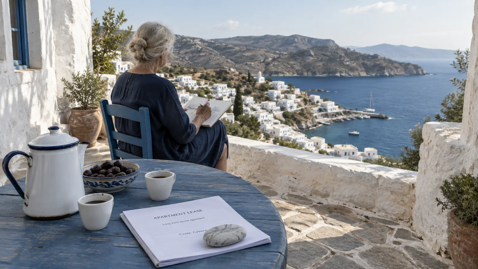 A woman sketching on a terrace overlooking a coastal Greek village, with a lease agreement on a table in front.