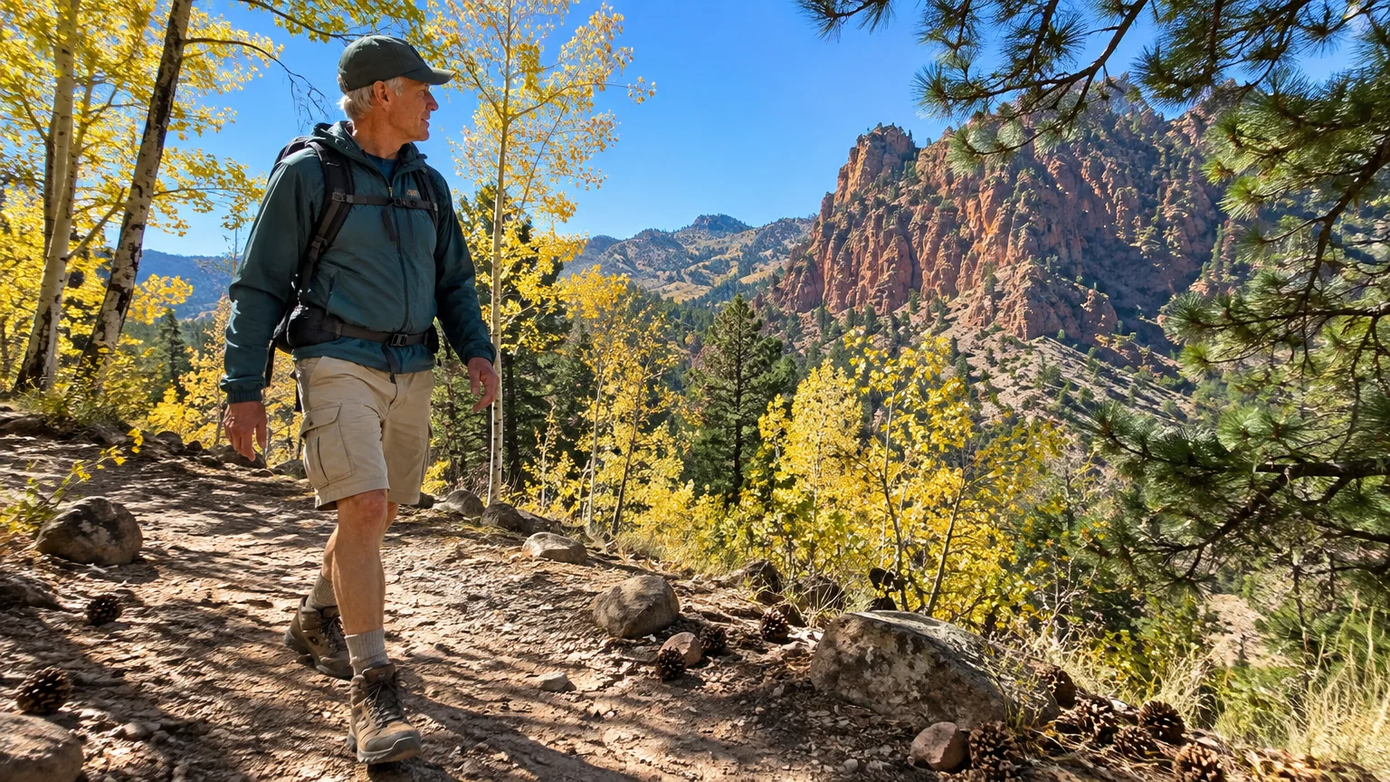 A man with a backpack hikes a rocky dirt path through yellow trees overlooking rugged, reddish mountain cliffs.