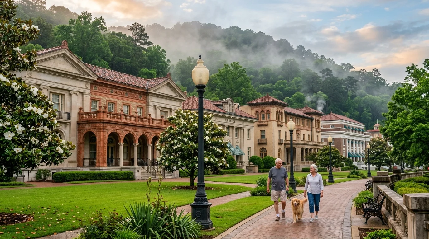 An older couple walks a golden retriever along a paved path in front of historic grand bathhouse buildings and misty hills.