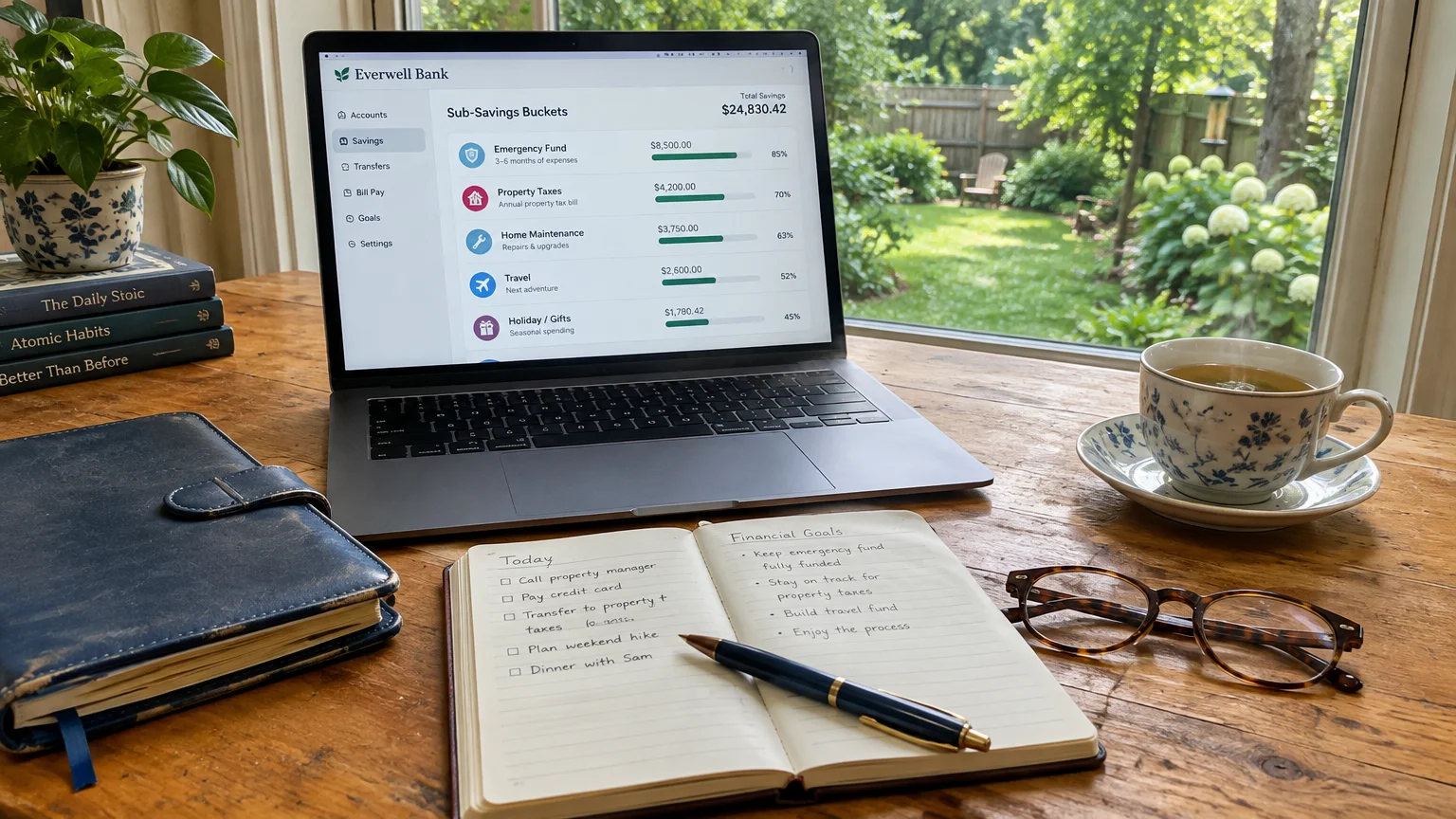 Laptop displaying online savings buckets next to a notebook, pen, eyeglasses, and teacup on a wooden desk by a window.