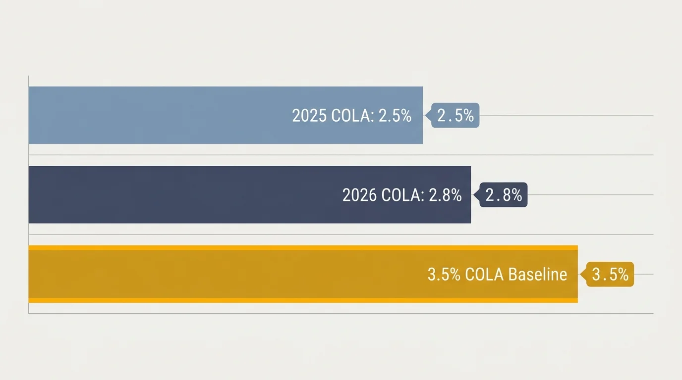 Horizontal bar chart comparing 2025 COLA at 2.5%, 2026 COLA at 2.8%, and a 3.5% COLA baseline.