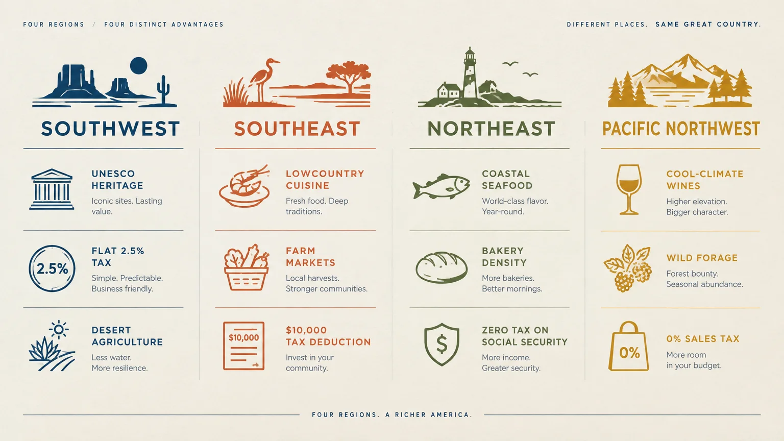 Infographic comparing advantages across Southwest, Southeast, Northeast, and Pacific Northwest regions with icons and text.