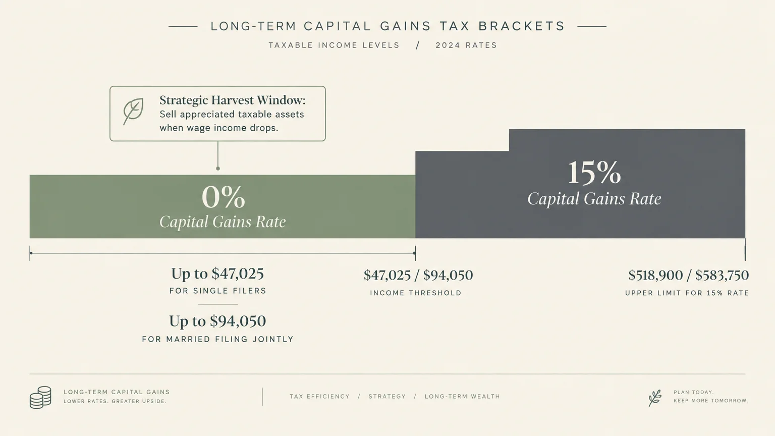 Chart showing 2024 long-term capital gains tax brackets, highlighting the 0% rate up to $47,025 for single filers.