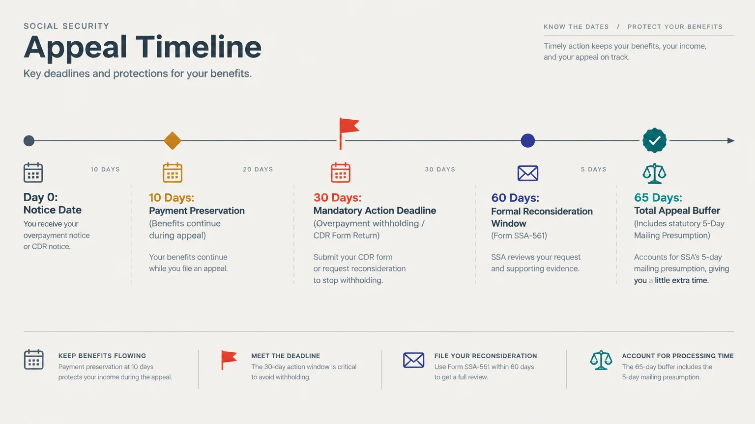 Social Security appeal timeline showing milestones at Day 0, 10 Days, 30 Days, 60 Days, and 65 Days.