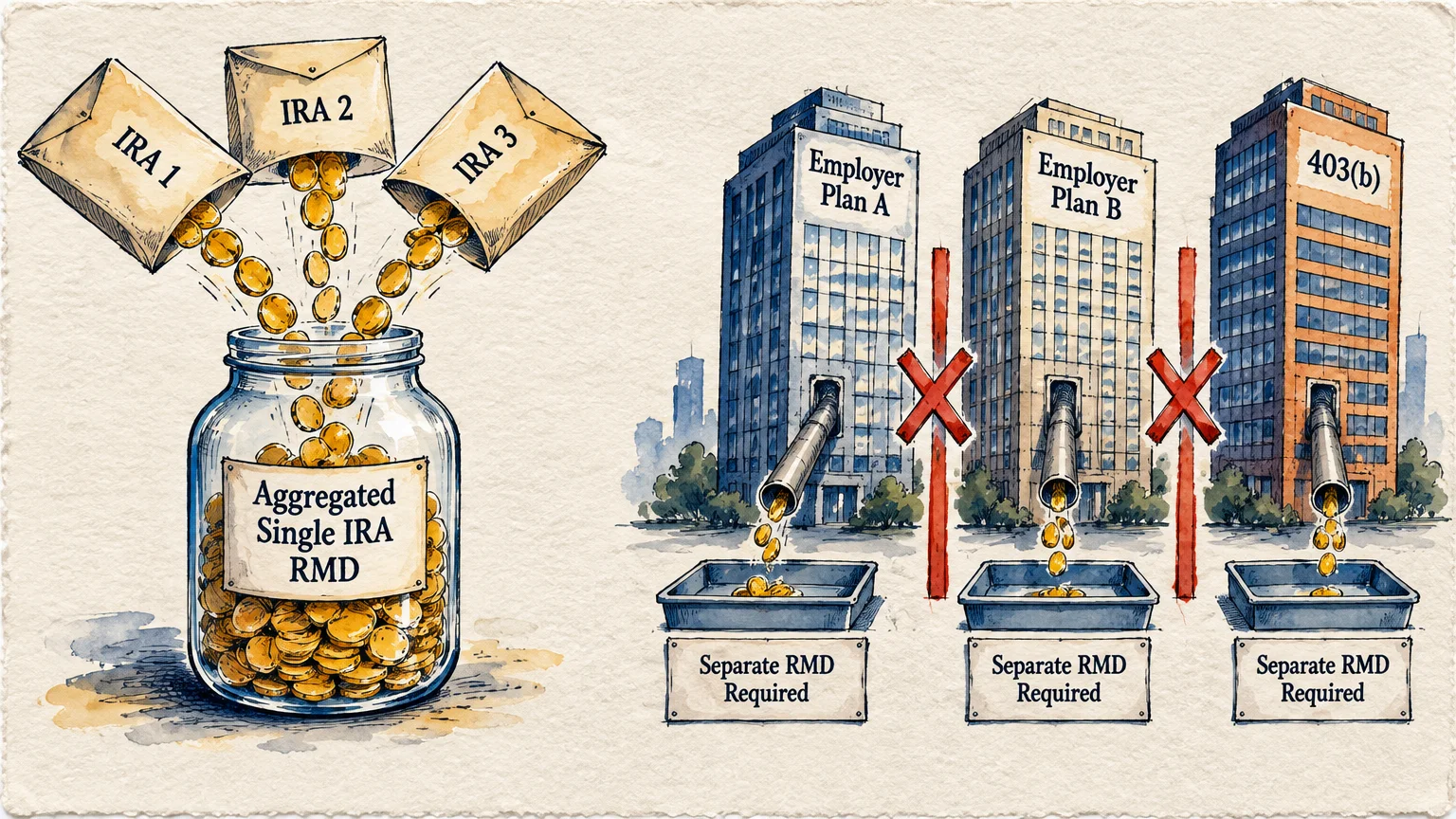 Drawing of coins combining into a single IRA jar beside three employer plan buildings pouring into separate bins.