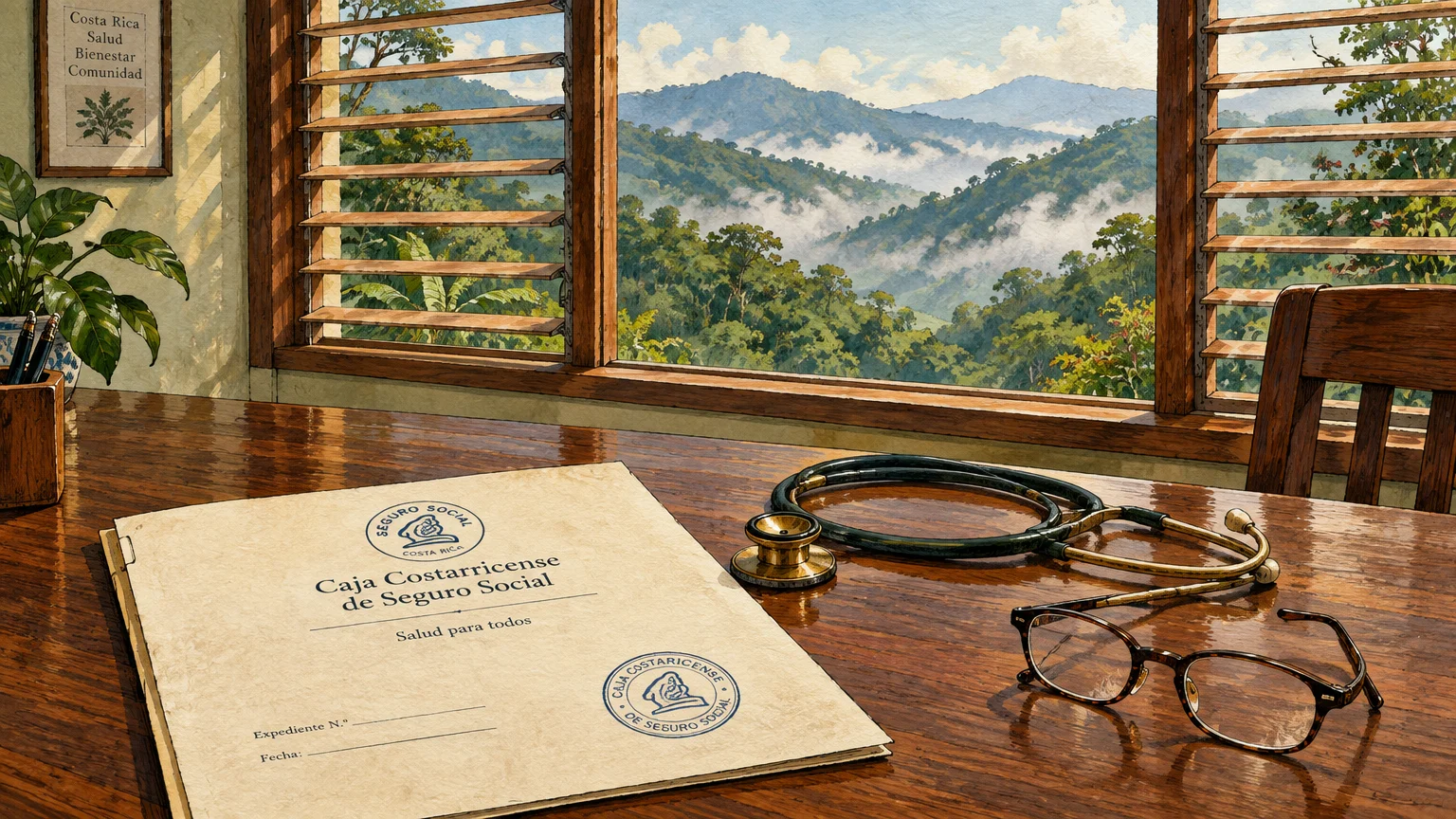 A medical folder, stethoscope, and eyeglasses on a wooden desk overlooking misty rainforest mountains through a window.