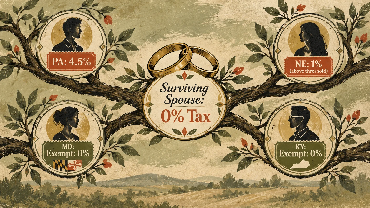 Illustrated family tree displaying inheritance tax rates for surviving spouses, Pennsylvania, Nebraska, Maryland, and Kentucky.