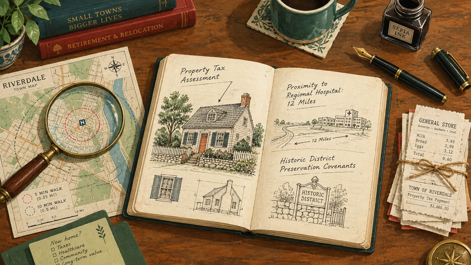 Desk with an open notebook showing house sketches and notes on property taxes, flanked by a map and magnifying glass.