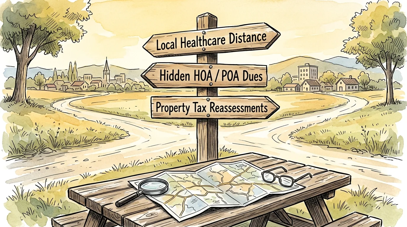 Illustration of a wooden signpost with directional arrows standing beside a picnic table with a map and magnifying glass.