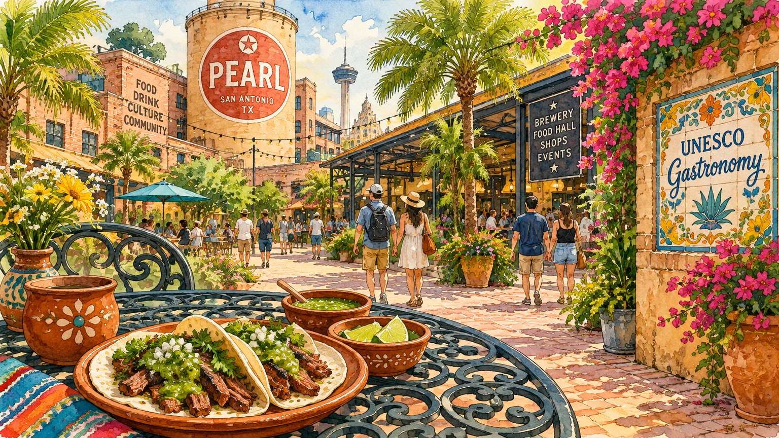 Watercolor of tacos on an outdoor table overlooking visitors walking through the sunny Pearl District plaza.