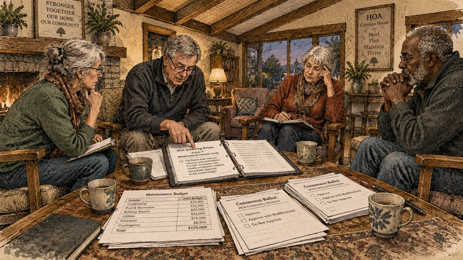 Four older adults sit around a table reviewing HOA governing bylaws, consensus ballots, and budget documents.
