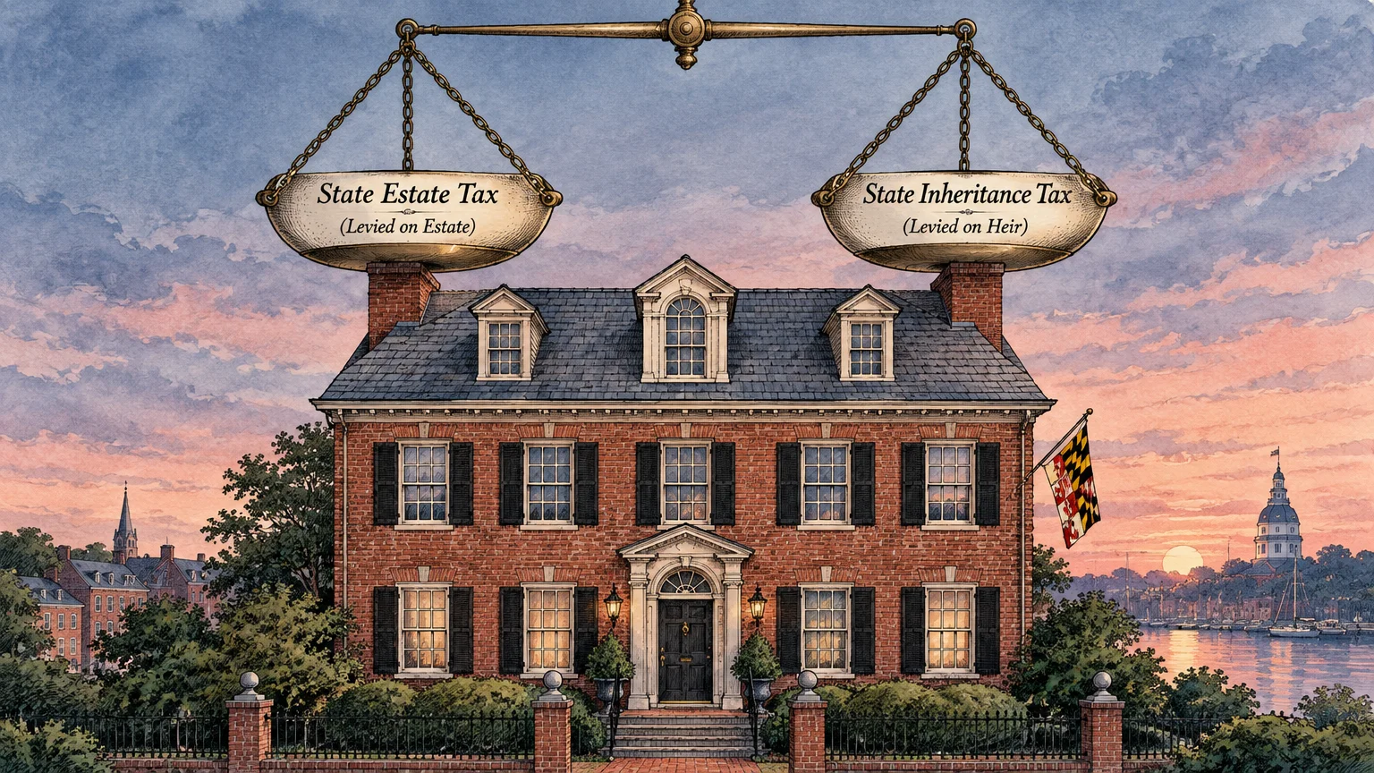 Illustration of a brick mansion under a balance scale holding state estate tax and state inheritance tax pans.