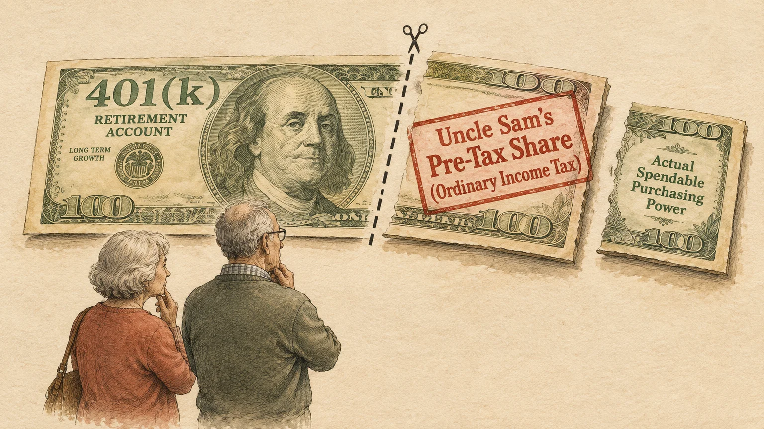 Illustration of an elderly couple looking at a cut 401(k) bill divided into Uncle Sam's share and spendable power.