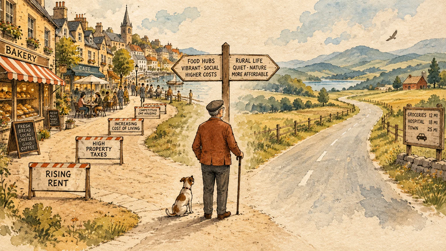 Watercolor illustration of an older man and dog at a crossroad sign between a bustling food town and a rural road.