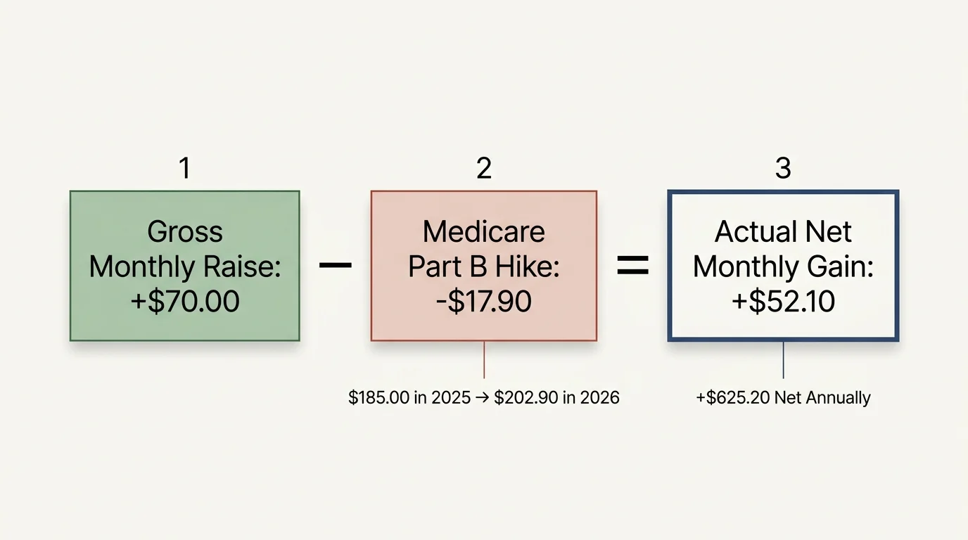Diagram showing a $70.00 gross raise minus a $17.90 Medicare Part B hike equals an actual net monthly gain of $52.10.