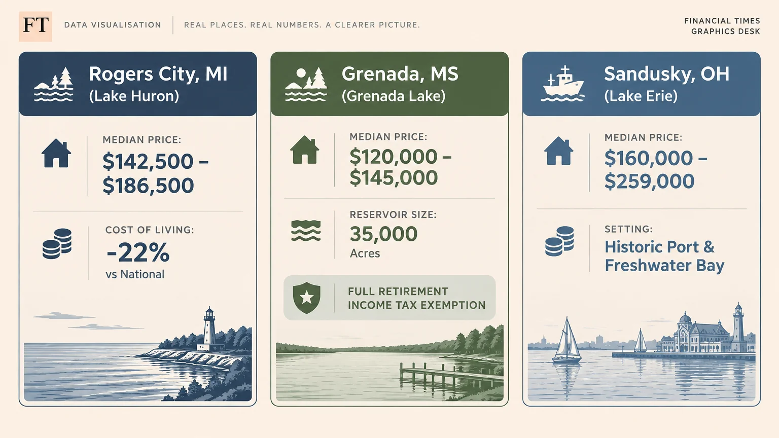 Three infographic panels comparing Rogers City, MI, Grenada, MS, and Sandusky, OH with median home prices and illustrations.