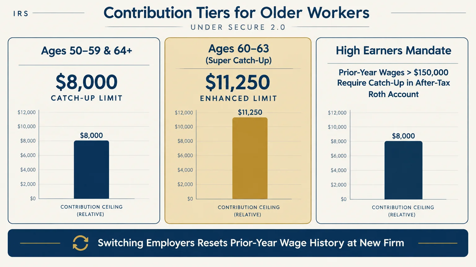 Diagram displaying catch-up contribution limits of $8,000, an $11,250 super catch-up, and high earner Roth rules.