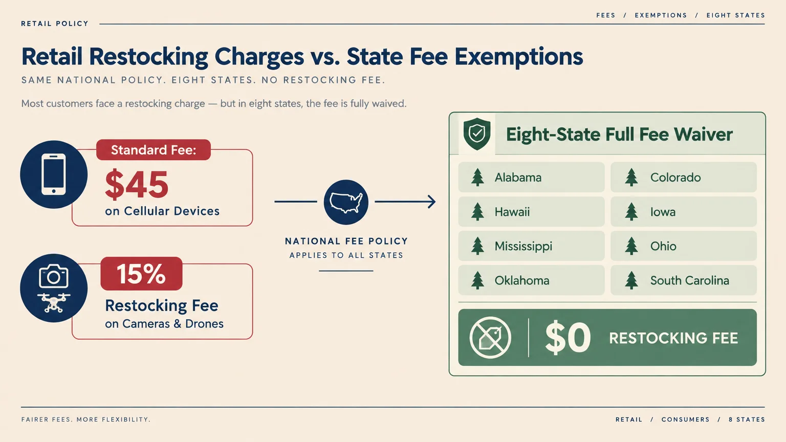 Diagram contrasting standard restocking fees of $45 and 15% with an eight-state full fee waiver list showing a $0 fee.