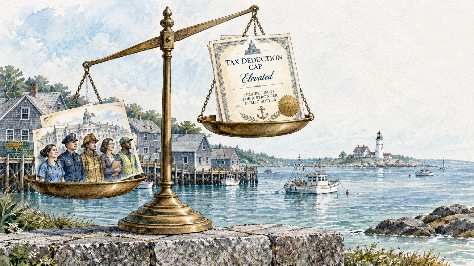 Illustration of a balance scale holding worker portraits and tax documents against a coastal harbor with boats and a lighthouse.