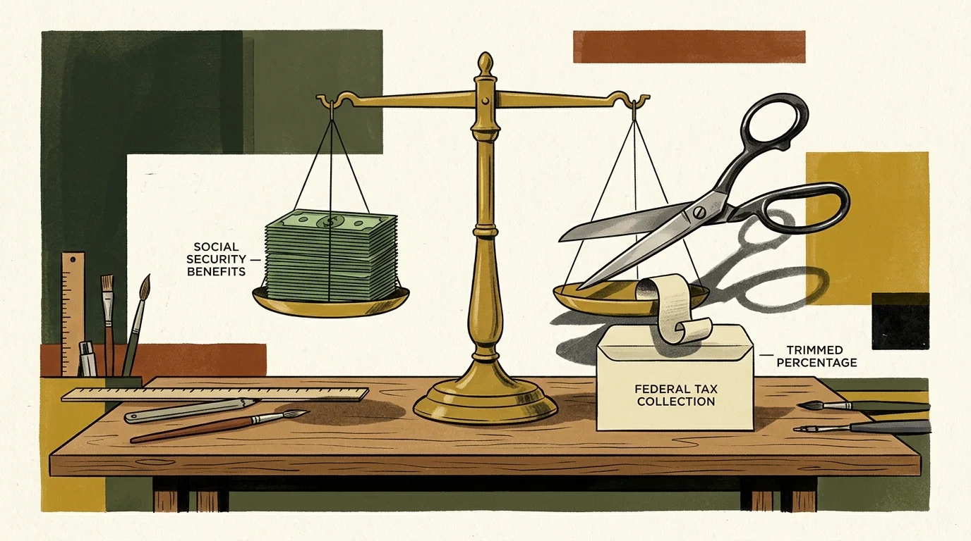 Balance scale holding stacked money on one side and large scissors cutting paper above a federal tax collection box.