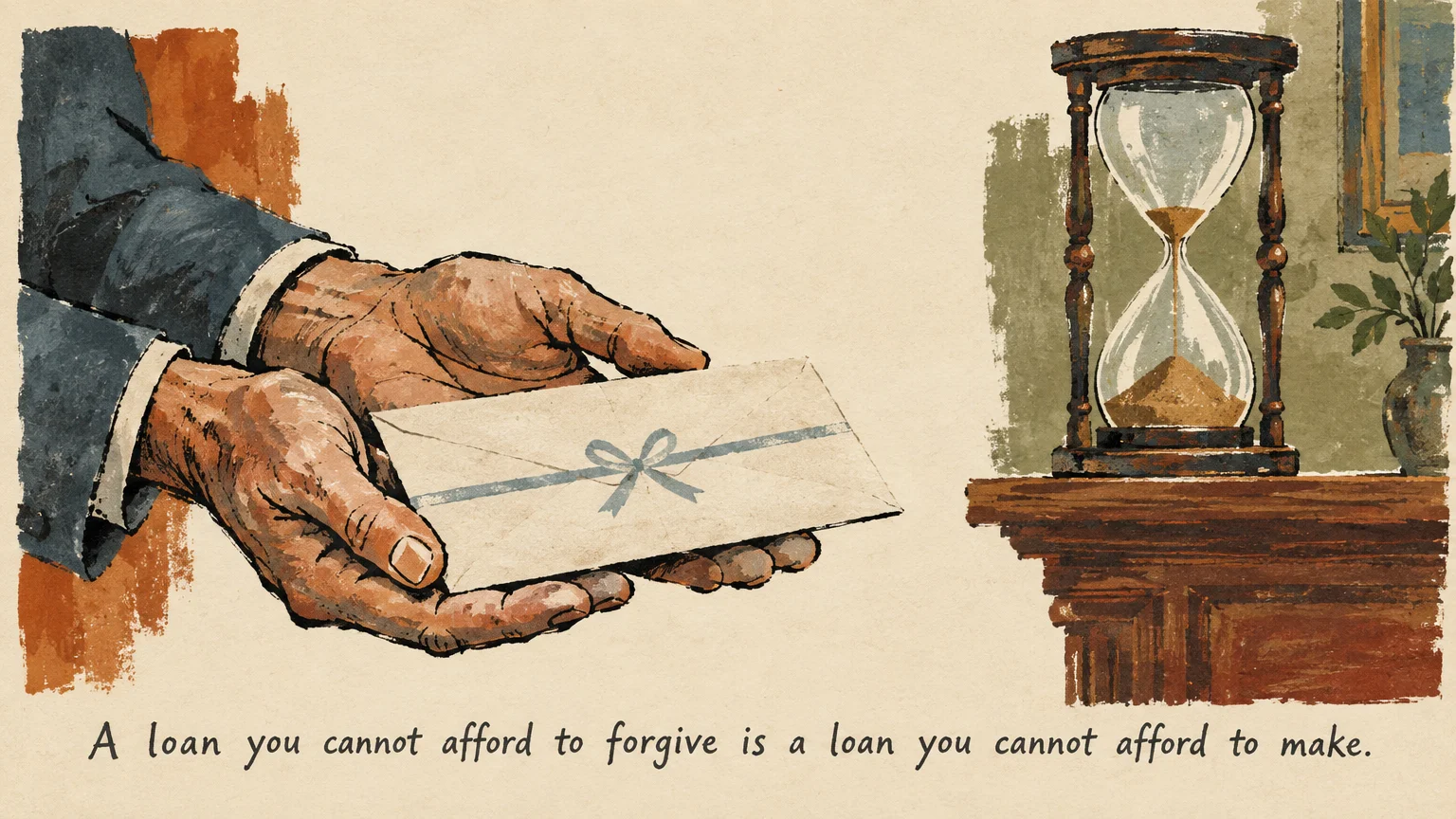 Hands holding a gift-tied envelope next to an hourglass on a wooden shelf, with text about loan forgiveness below.