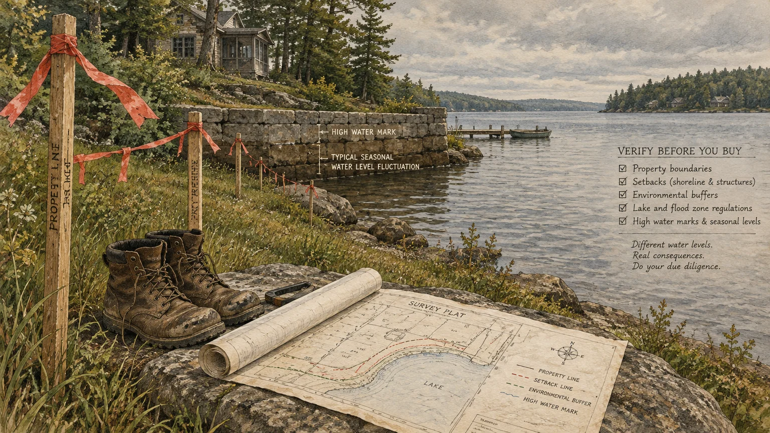 Illustration of boots and a survey plat by a lake shoreline marked with stakes and water fluctuation annotations.