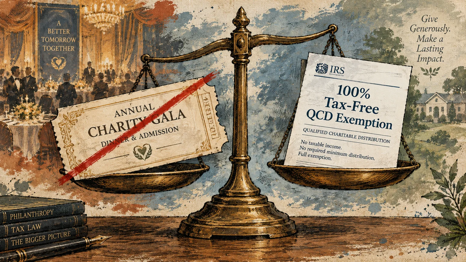 Brass scales weighing a crossed-out charity gala ticket against an IRS document for a 100% tax-free QCD exemption.