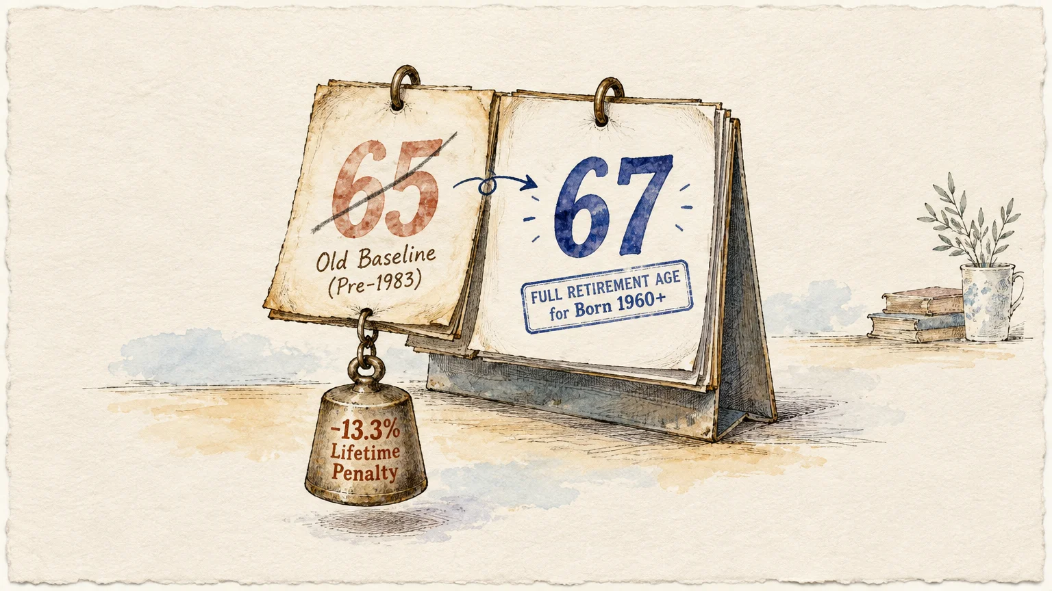 Desk calendar flipping from a crossed-out 65 with a hanging weight to 67 stamped Full Retirement Age.